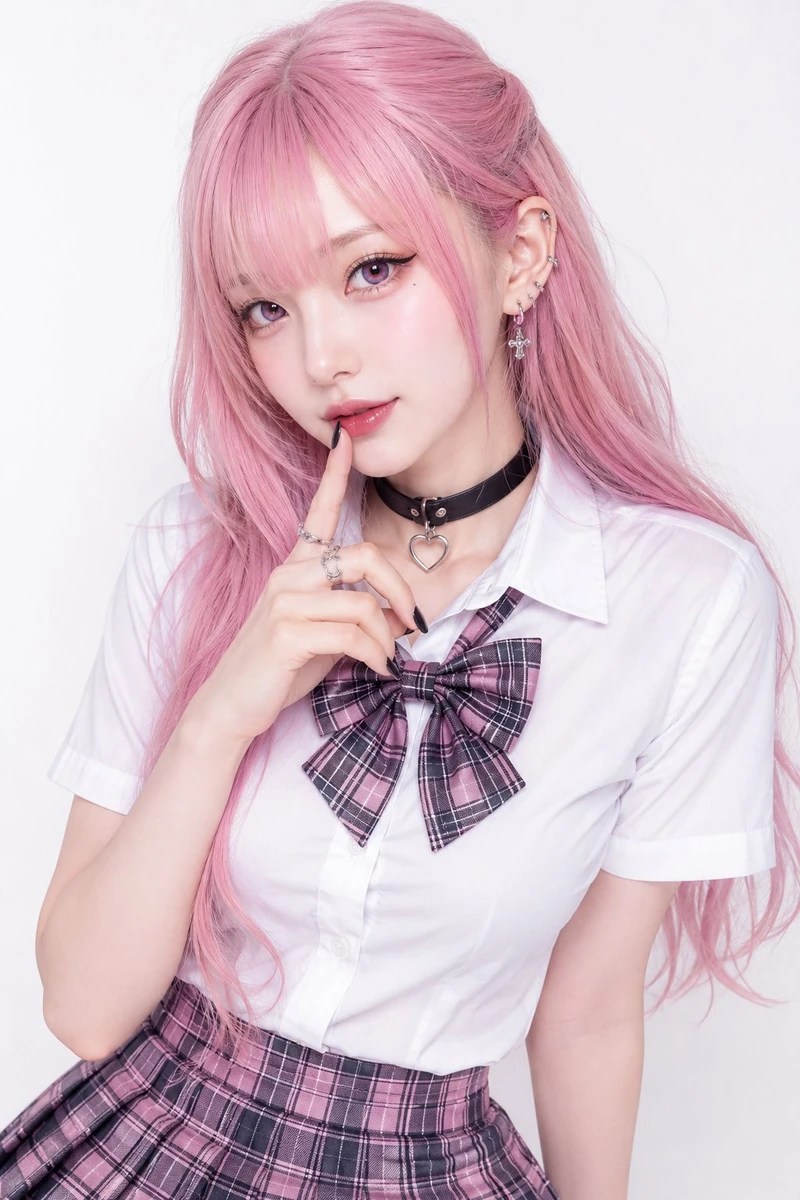 A studio fashion portrait of a young woman with long pastel pink hair and...