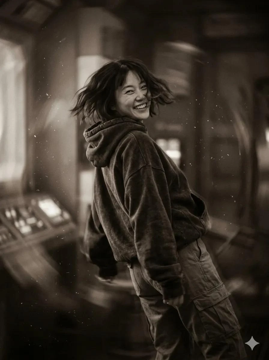 A cinematic candid portrait of an Asian woman with messy short bob hair f...