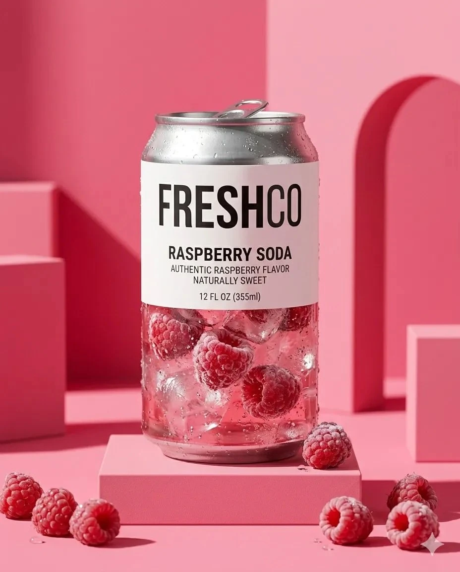 Minimalist product photography of a transparent soda can labeled “FRESHCO...
