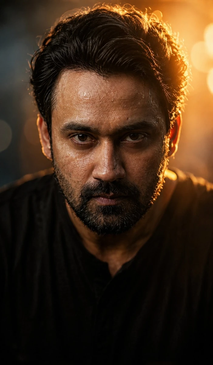 A hyper-realistic cinematic close-up portrait of a man, face glistening w...