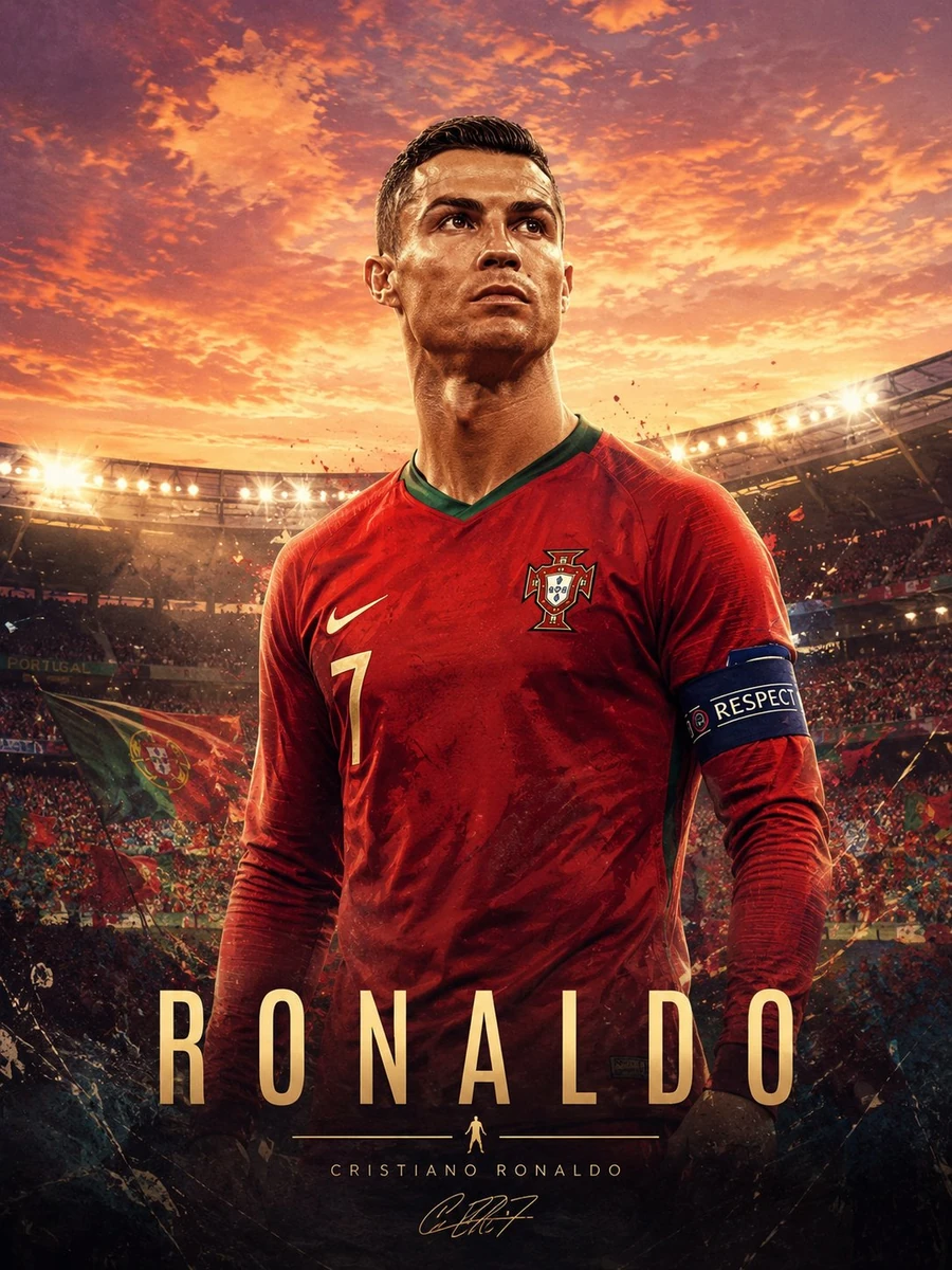 Luxury hybrid watercolor-collage sports poster illustration of Cristiano...