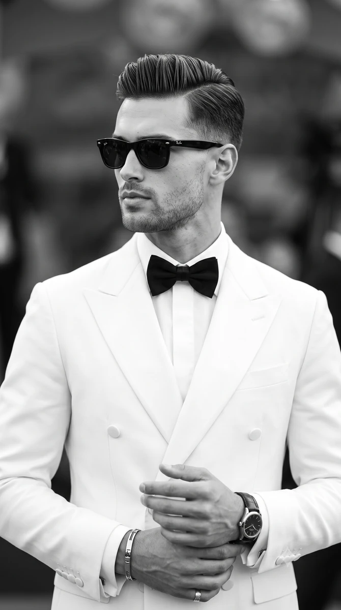 A handsome male in his late twenties to early thirties stands in a medium...