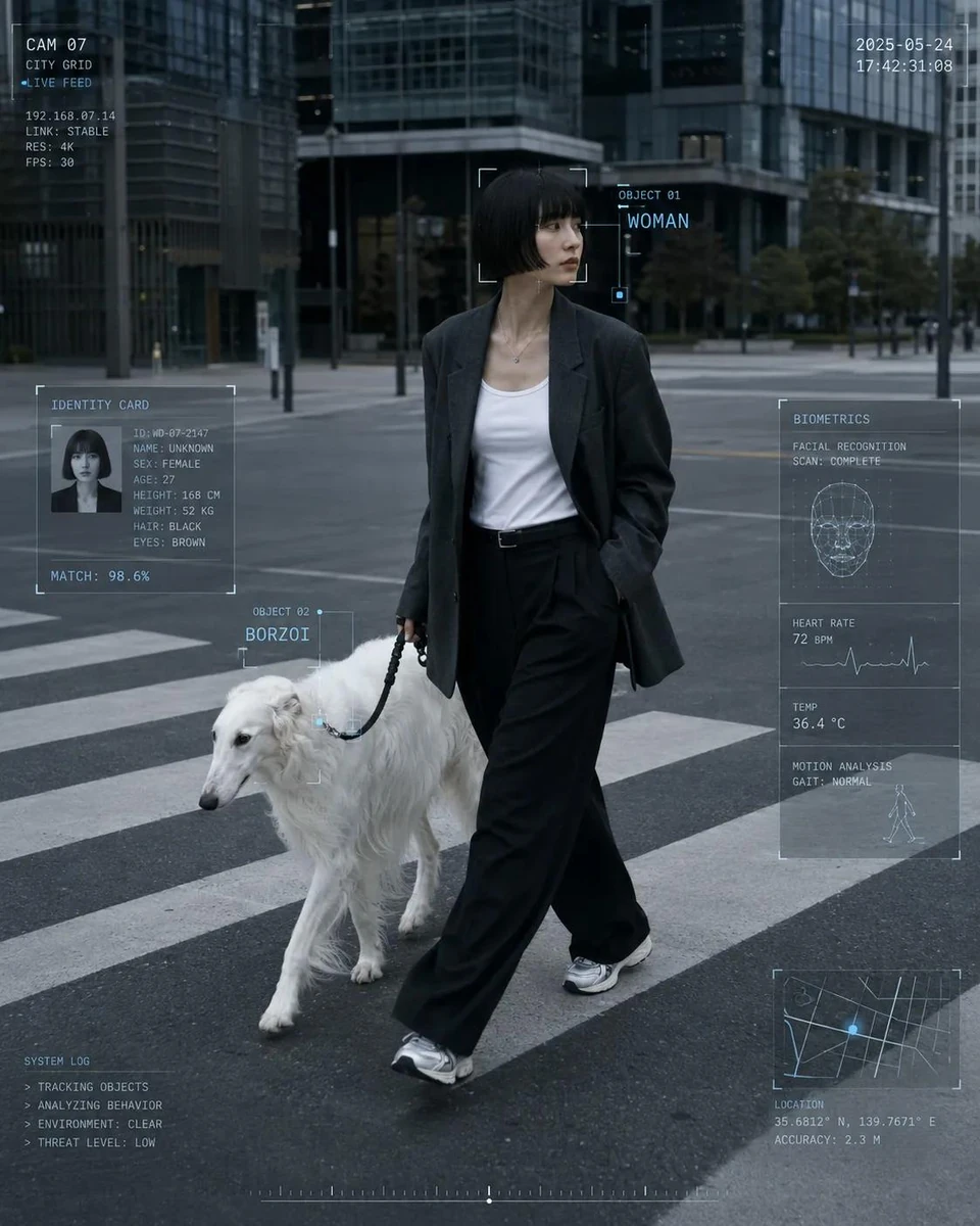 Cyber core editorial photography of [HUMAN] wearing [CLOTHING], walking t...