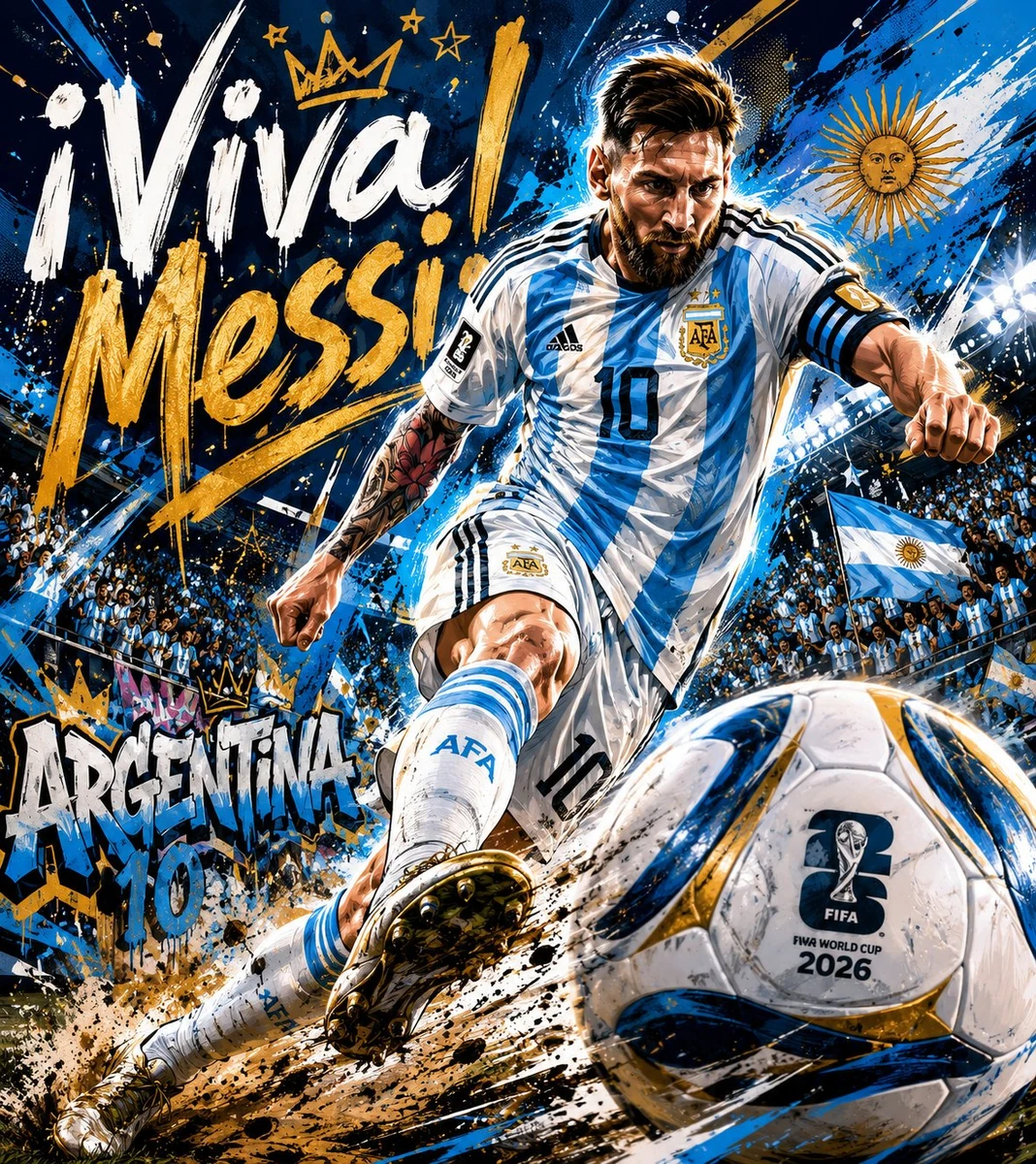 A dynamic illustrated football poster in explosive street art style, feat...