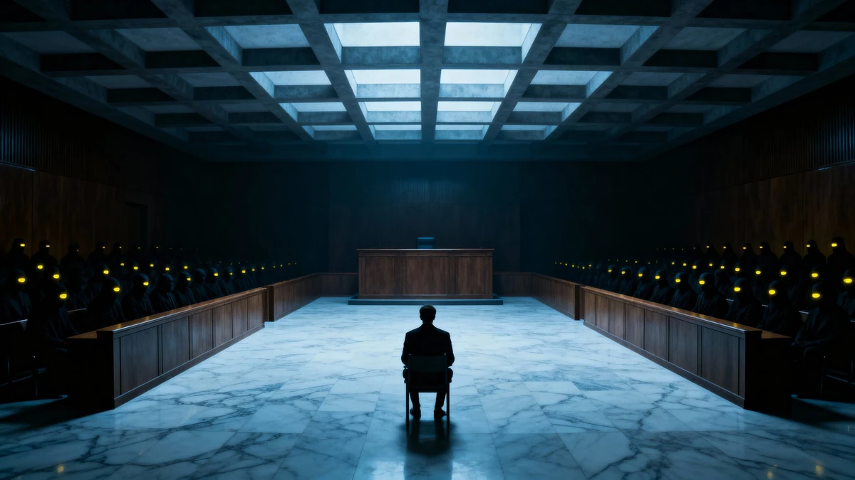 Vast empty courtroom with a high judge’s bench, but no judge present, row...