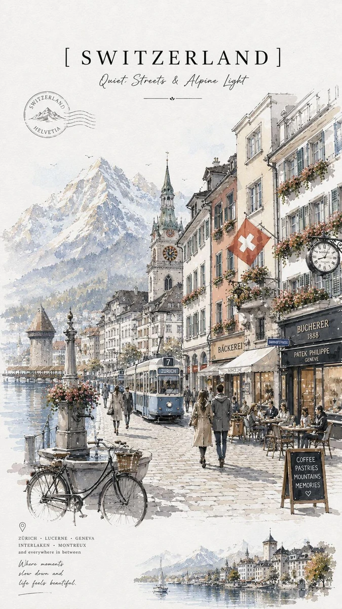 Minimalist vintage travel poster in delicate watercolor and ink sketch st...