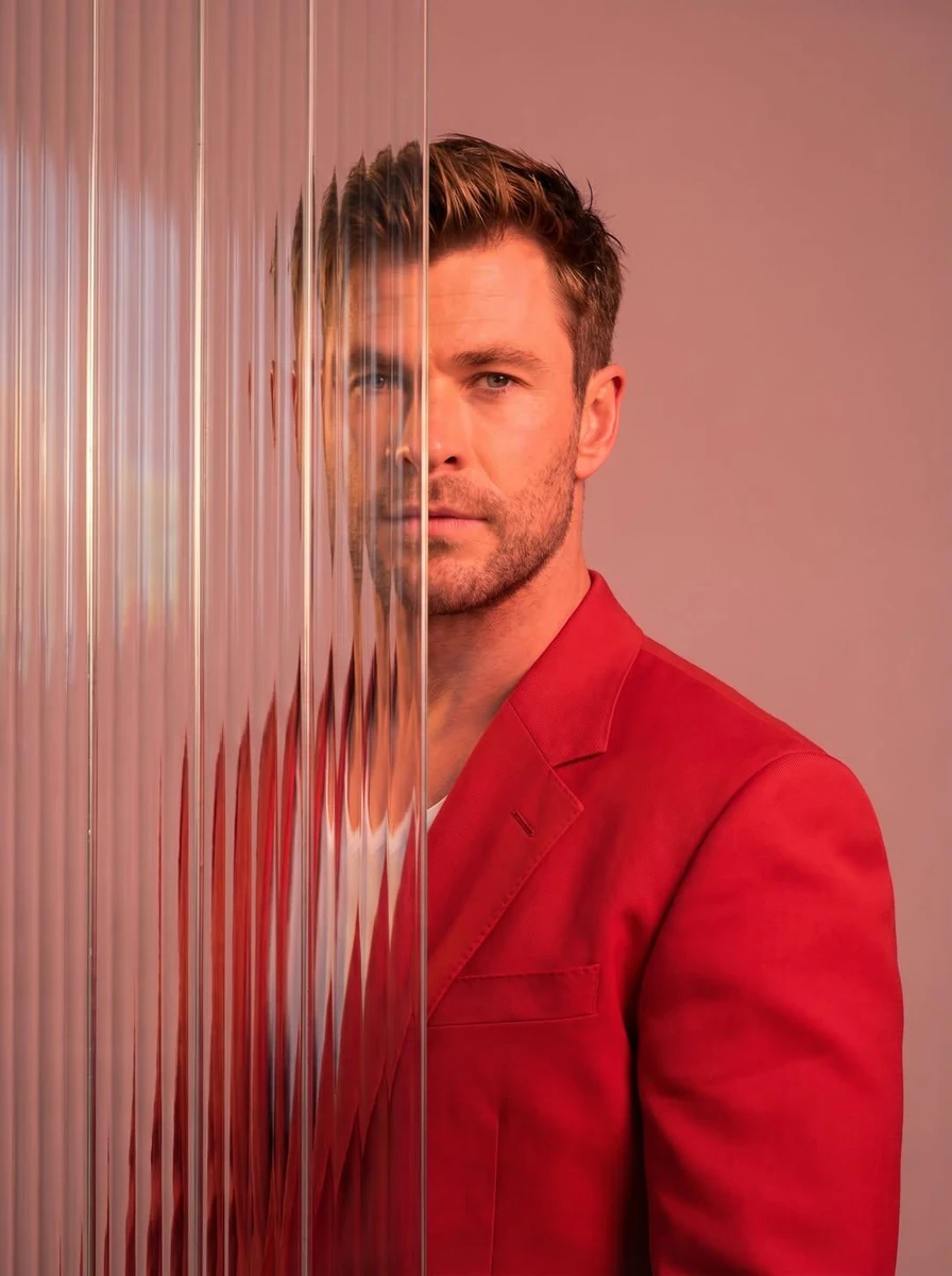 A striking editorial portrait photograph of a person wearing a red blazer...