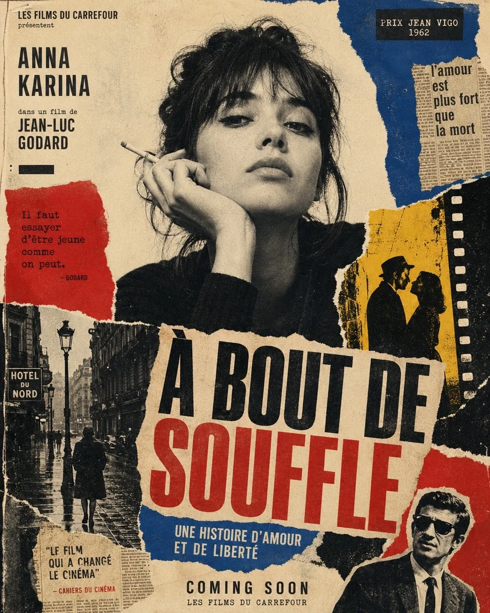 Vintage French New Wave movie poster, inspired by 1960s Jean-Luc Godard c...