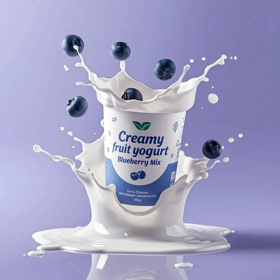 High-end commercial product photography of a (yogurt cup) labeled “(Cream...