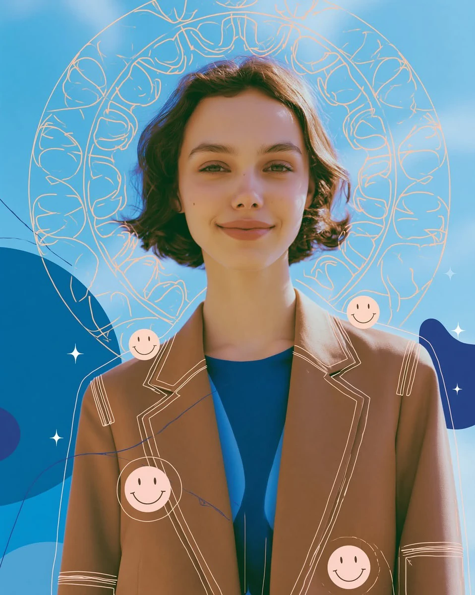A clean, modern editorial fashion portrait of a young woman standing conf...