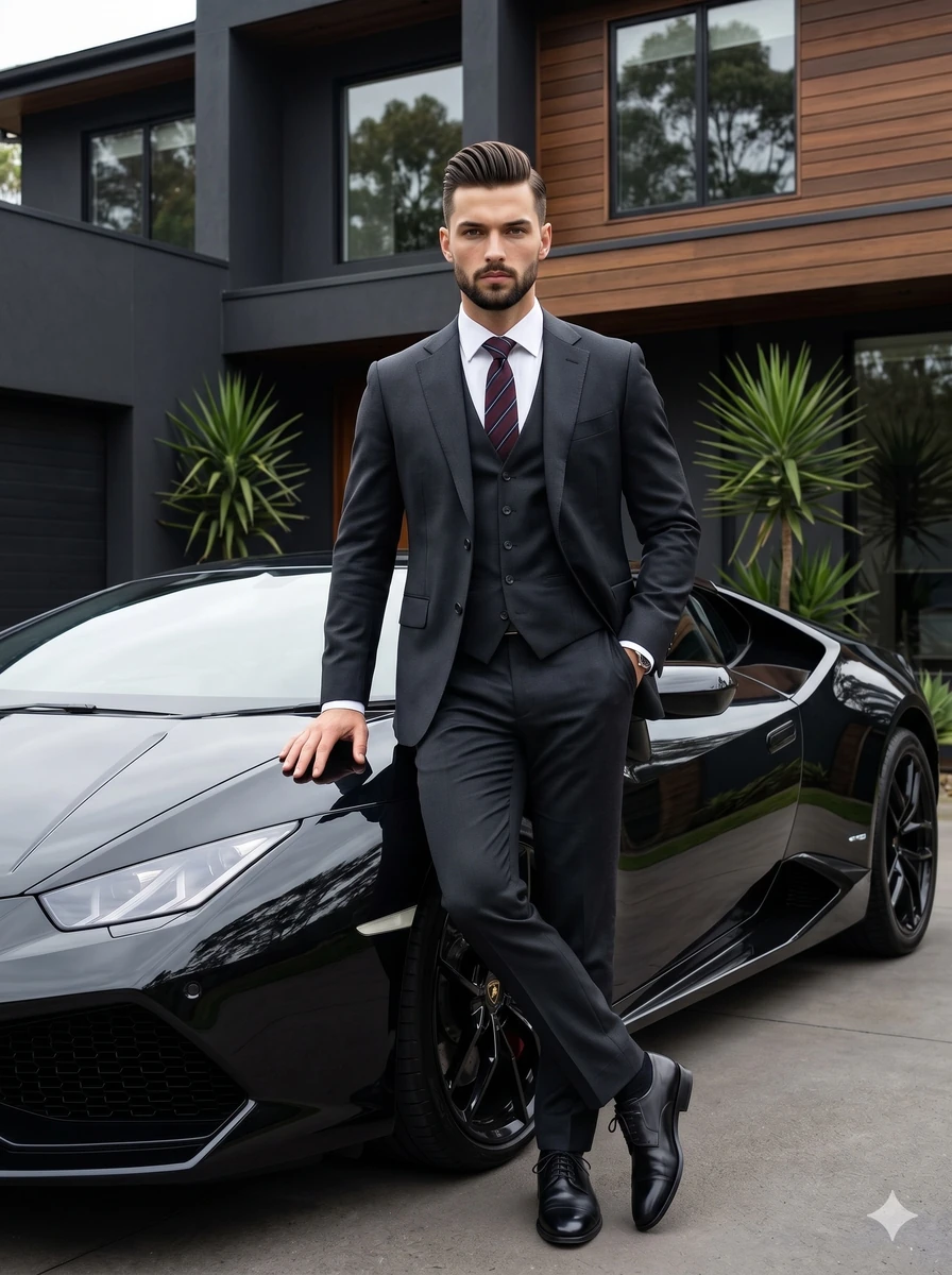 A well-groomed adult male stands confidently as the central focal point,...