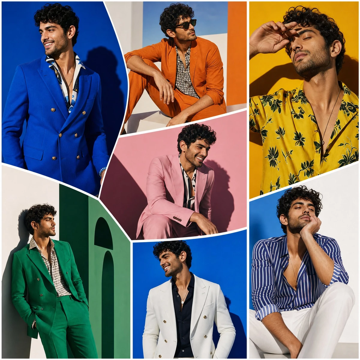 The SAME male model displayed across oversized random-shaped fashion pane...