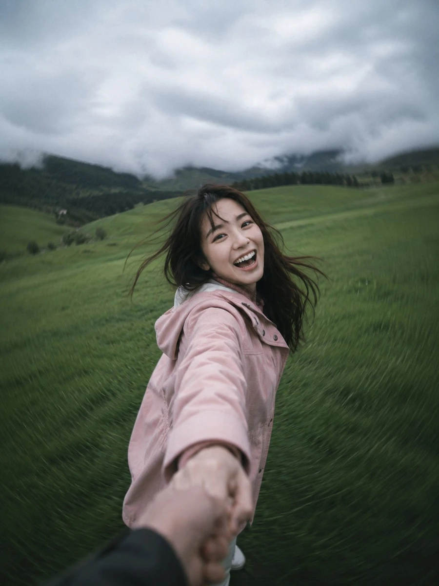 Ultra-realistic candid photo, vertical 3:4, POV holding hands while spinn...