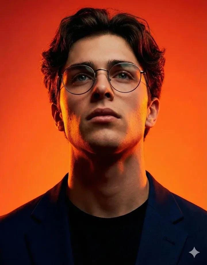 Ultra-realistic cinematic studio portrait of a stylish man wearing thin r...
