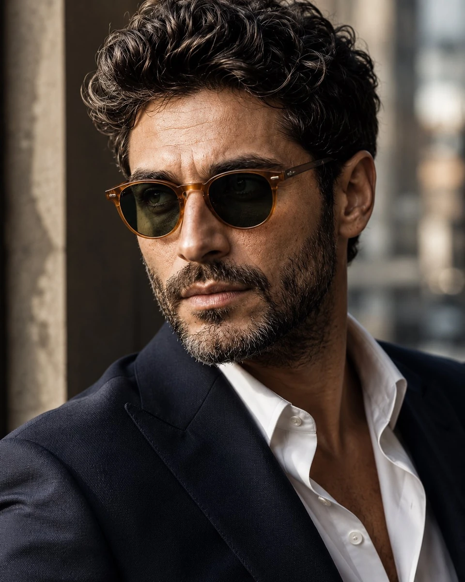 A cinematic close-up portrait of a rugged, sophisticated middle-aged man...