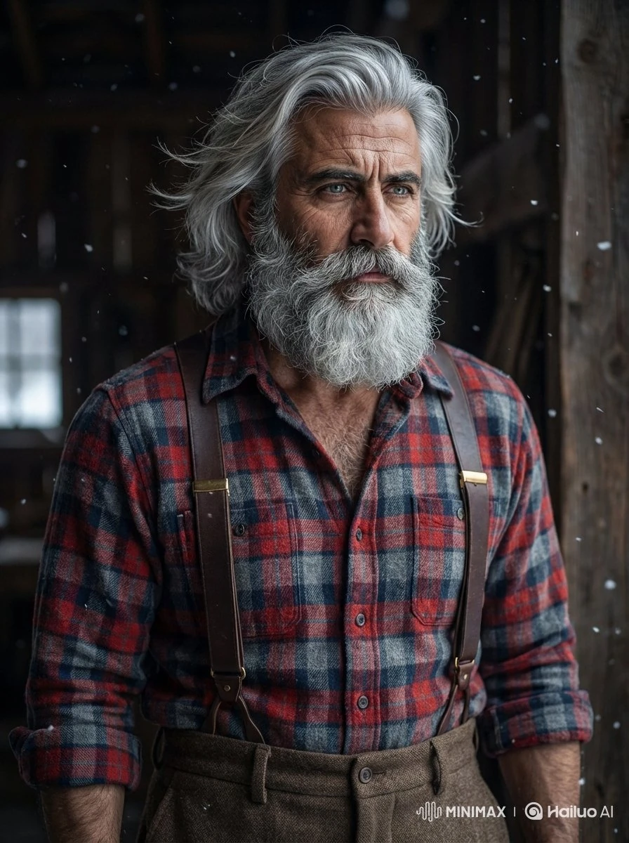 A rugged, weathered old man standing inside a rustic wooden barn in winte...