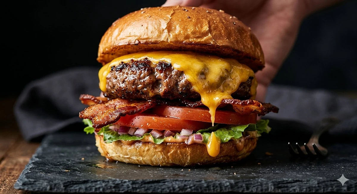 Ultra-realistic [food with juicy / melting / dynamic details], dark backg...