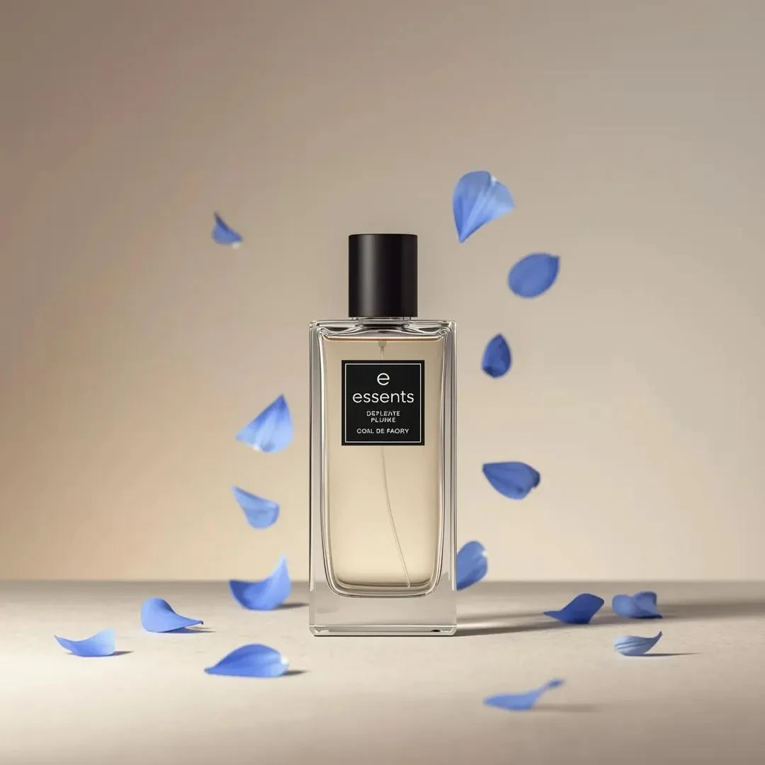 Luxury perfume bottle centered on a minimal beige background, clear recta...