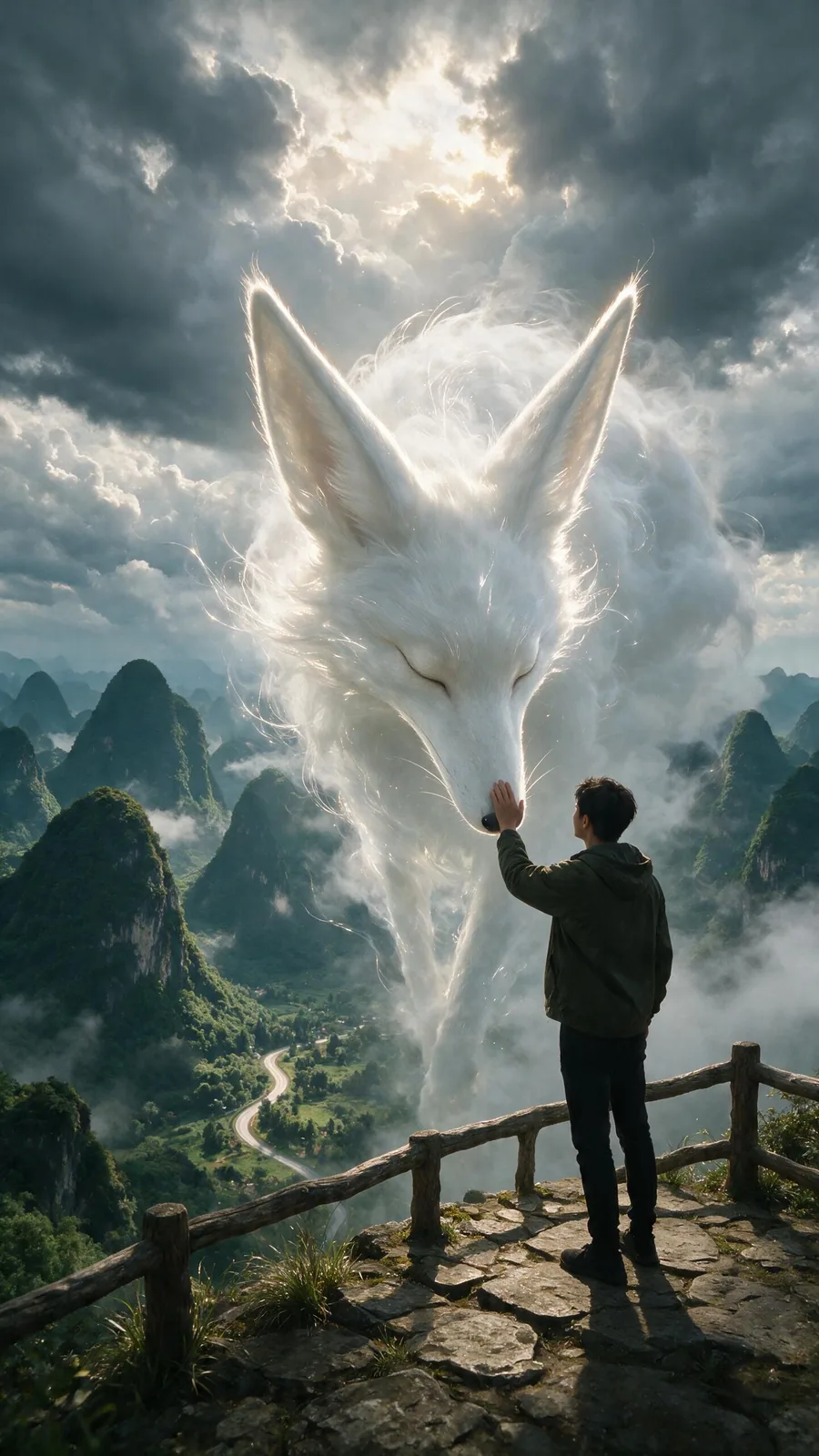 A cinematic fantasy scene from a slightly low, over-the-shoulder perspect...