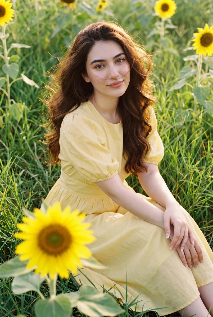 A girl is sitting in tall green grass among sunflowers. She is wearing a...