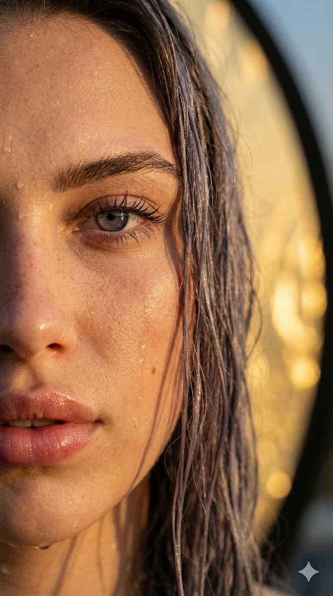 prompt_title": "Hyper-realistic Close-up Portrait (Wet Skin, Golden Hour)",