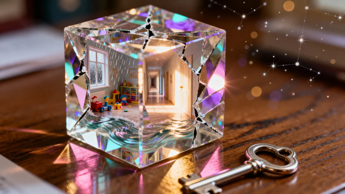 Photorealistic macro of a cracked crystal cube suspended above an antique...