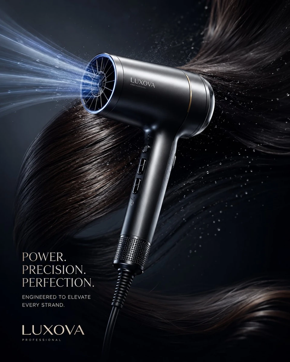 Luxury commercial product advertisement featuring a premium hair dryer as...