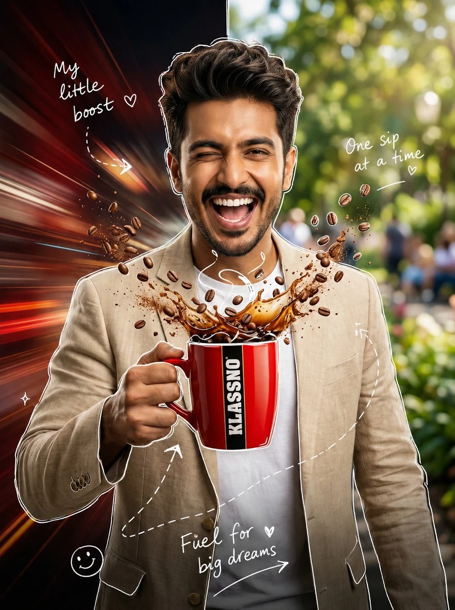 A stylish commercial poster photo of a happy young man holding a red coff...