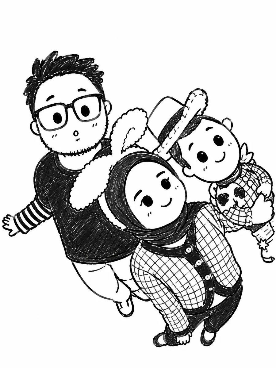 Turn the uploaded photo into a cute black-and-white hand-drawn doodle ill...