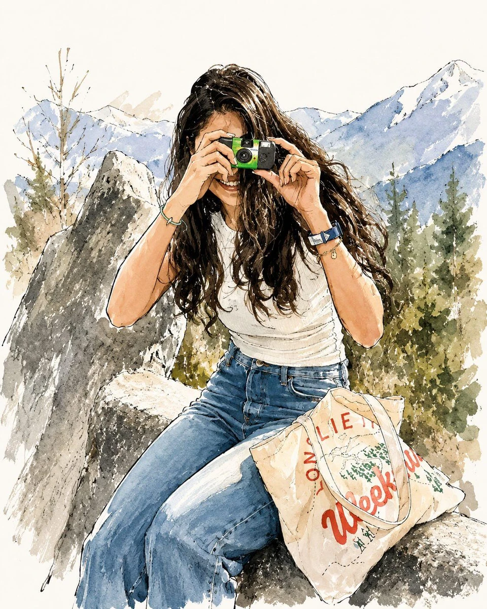 Elegant watercolor fashion illustration of a stylish young woman travelin...