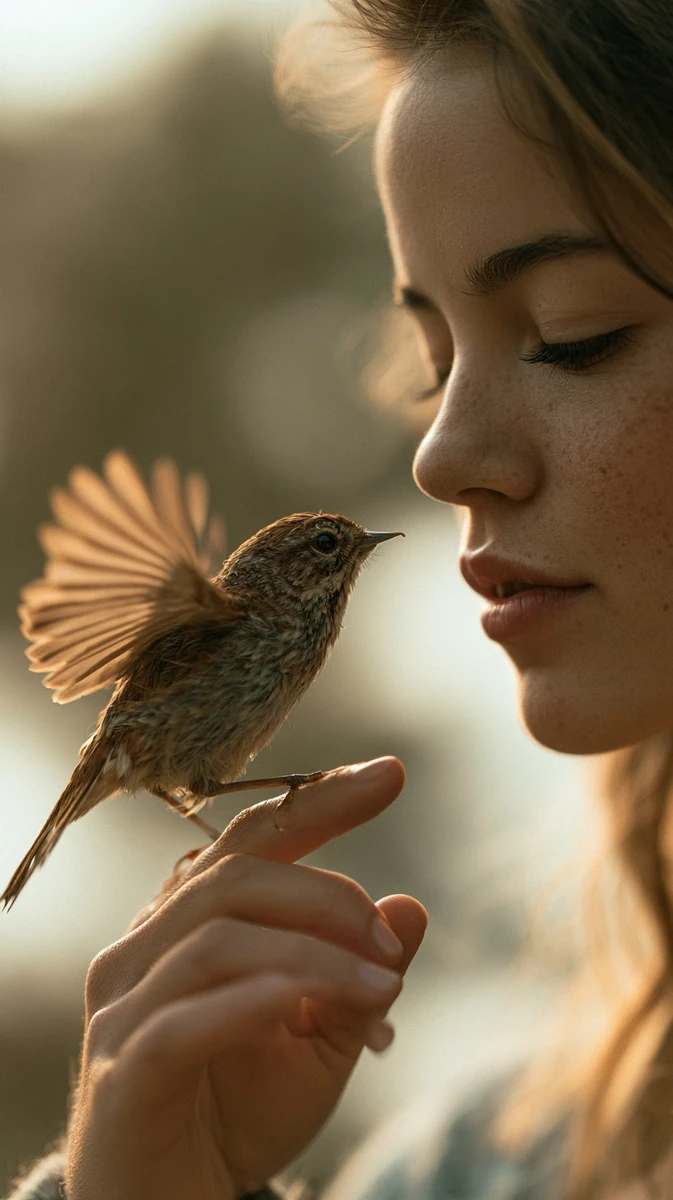 A tiny, elegant songbird gently perched on the tip of a woman's index fin...