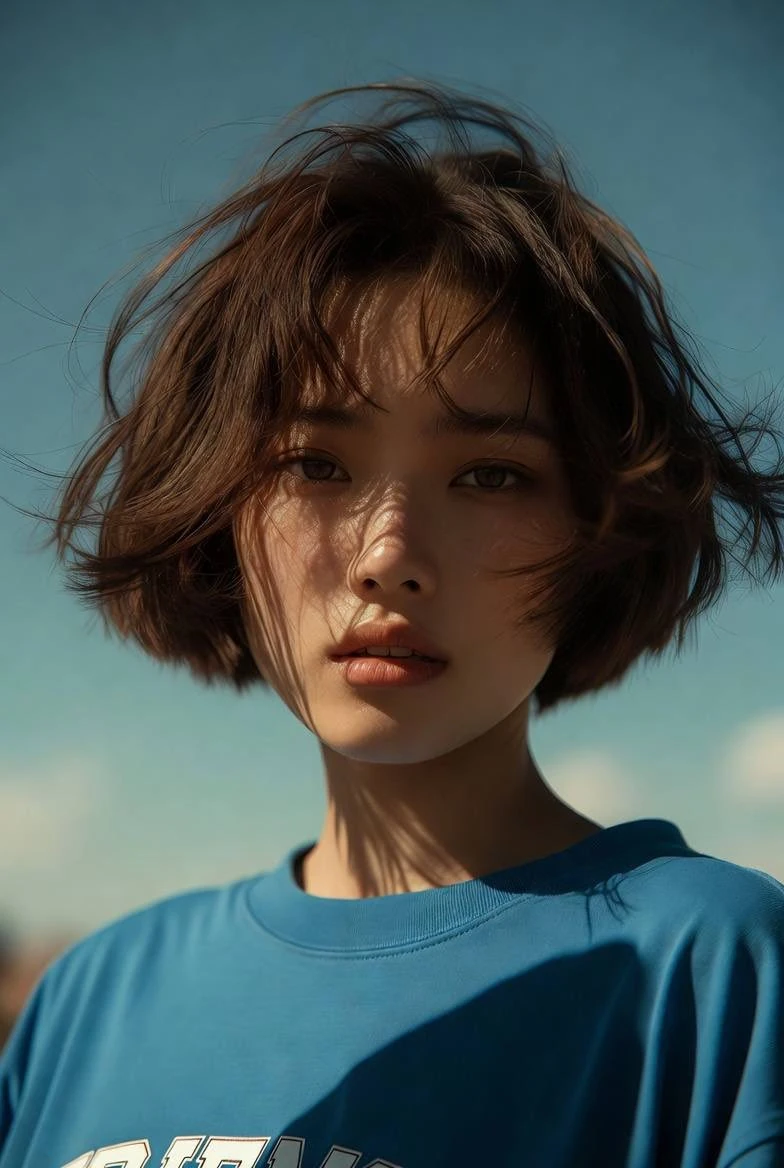 Cinematic close-up portrait of a young Asian woman with short messy bob h...