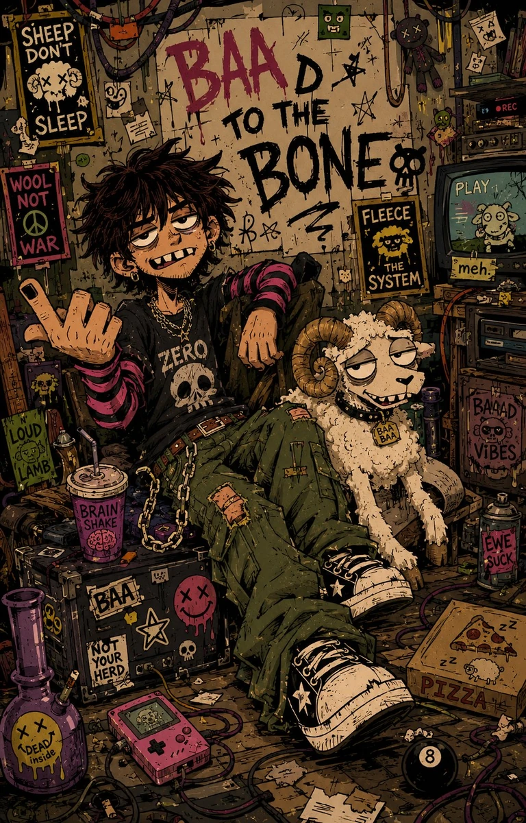 Chaotic indie cartoon illustration of [HUMAN] and [ANTHROPOMORPHIC ANIMAL...