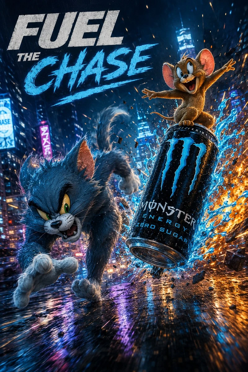 Hyper-cinematic advertising poster featuring Tom and Jerry in a chaotic r...
