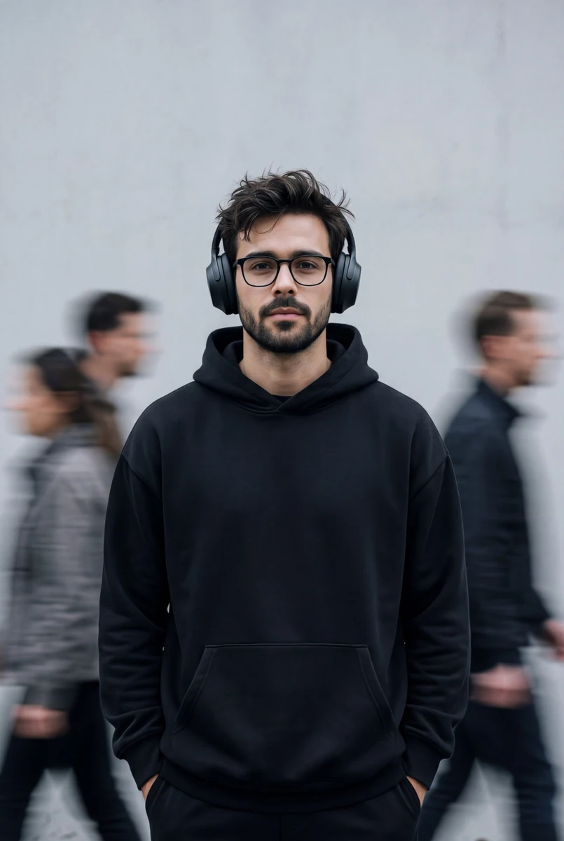 Cinematic fashion-editorial portrait of a person with messy hair, well gr...