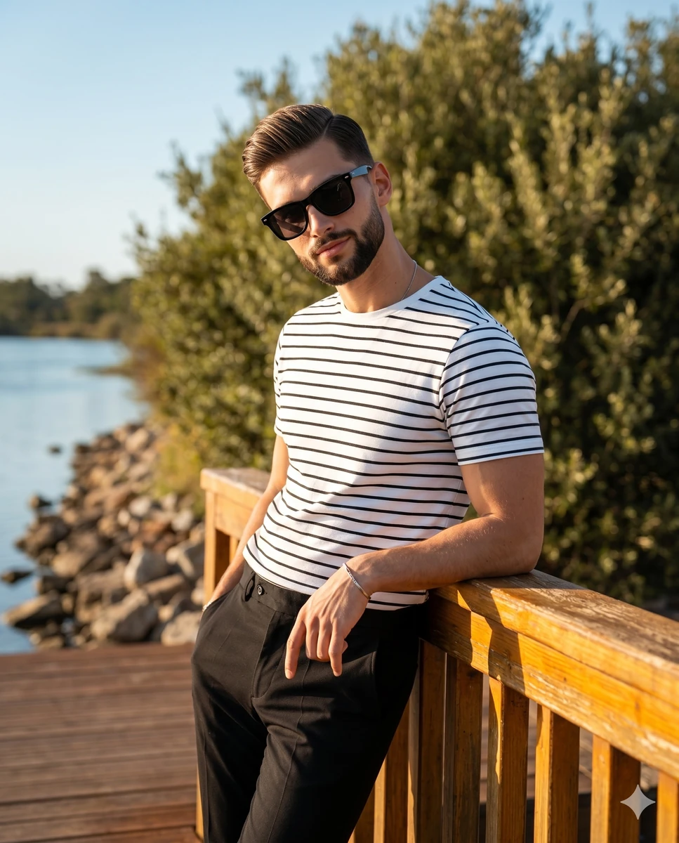 A portrait of a confident young adult male leaning casually toward the ca...