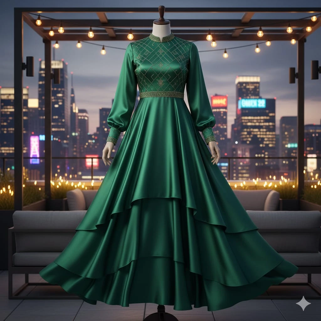 A contemporary dress on a mannequin, with ankle-length, flowing satin lay...