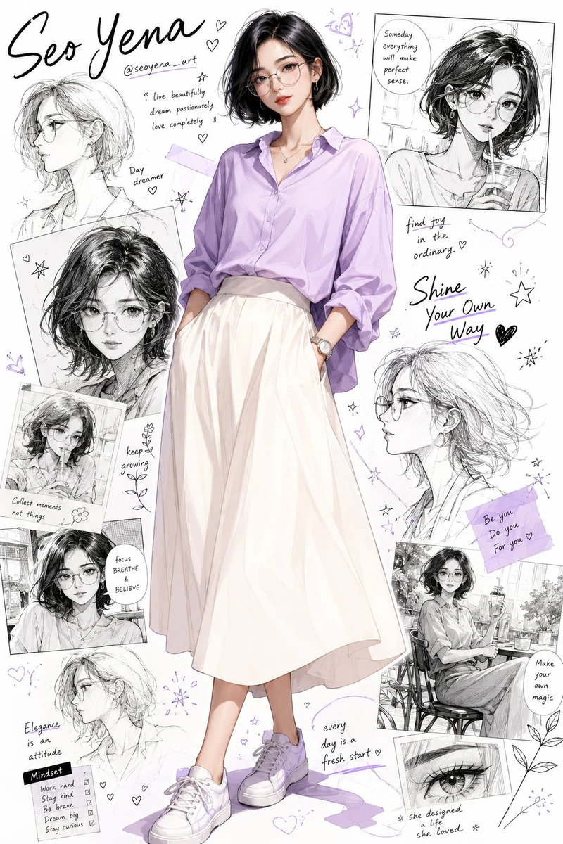 Semi-realistic anime-inspired portrait of a stylish young Korean woman wi...