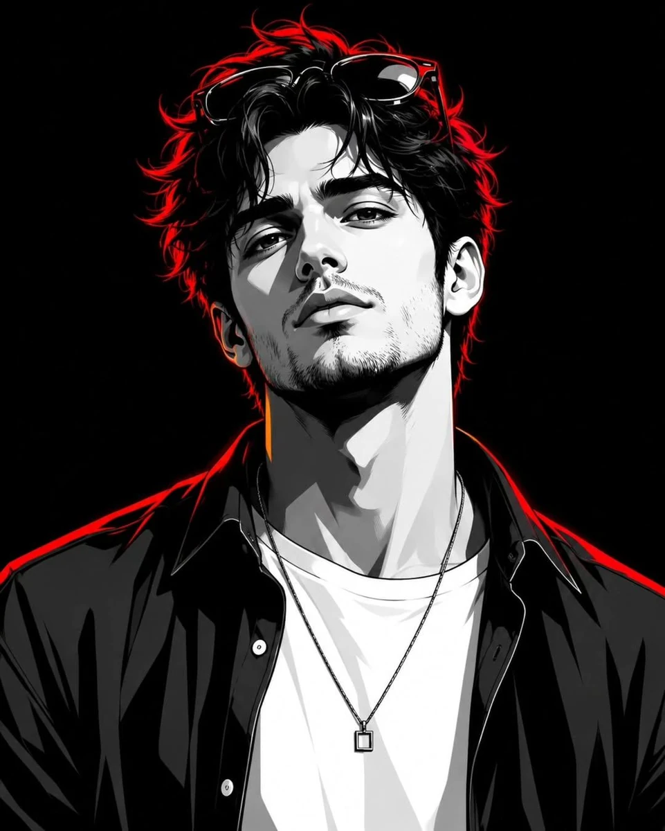 Ultra-stylized monochrome portrait illustration of a confident young man/...