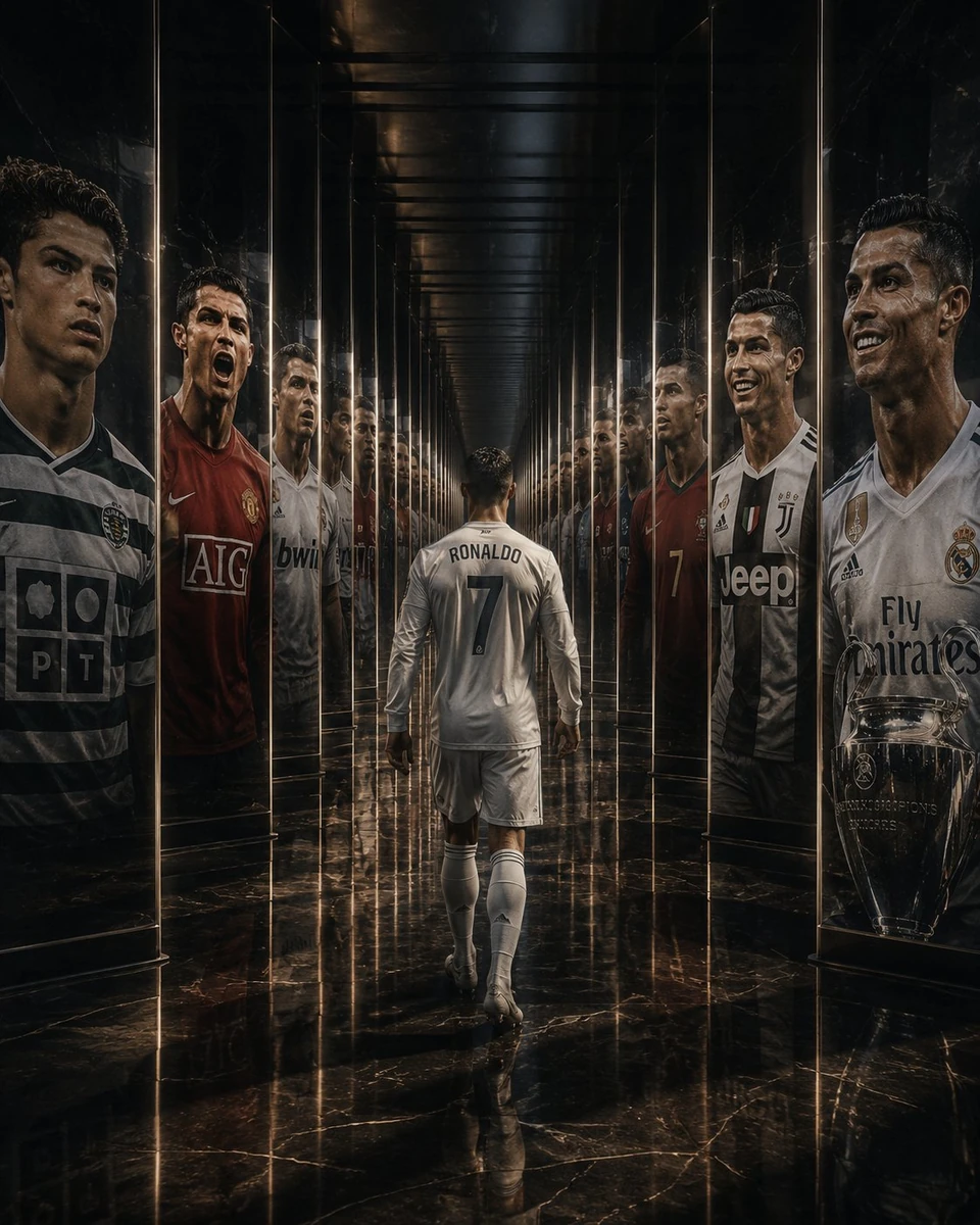 Cristiano Ronaldo walking through an endless corridor of giant mirrors.Ea...