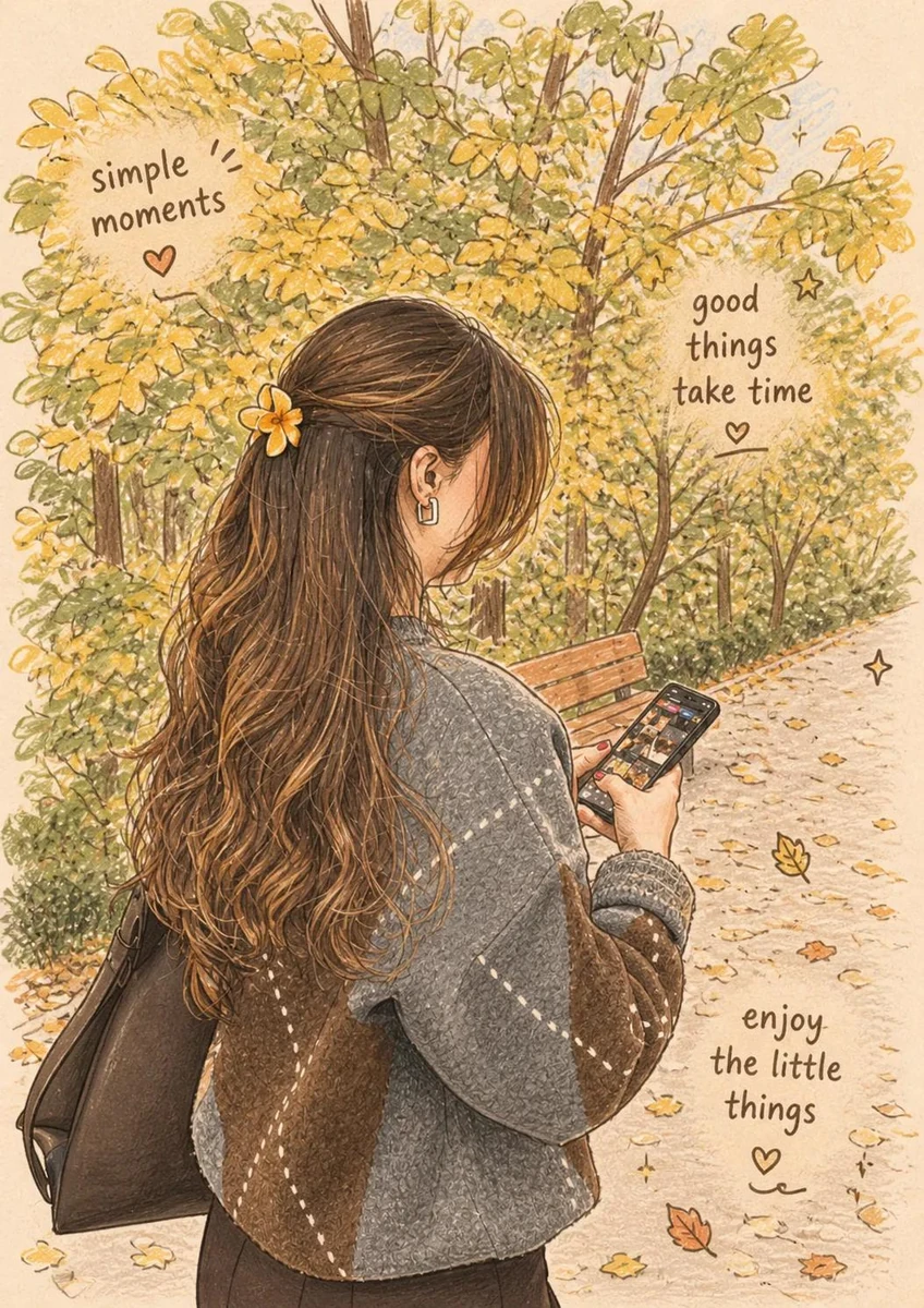 Young woman with long wavy hair standing in a peaceful autumn park, overs...