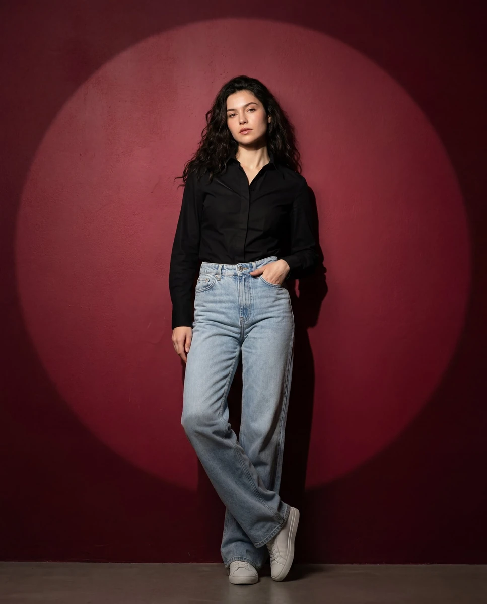 Full-body fashion portrait of a confident woman standing against a deep t...