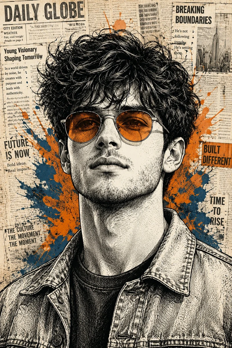 ultra-detailed ink sketch style portrait of a young man with curly hair,...