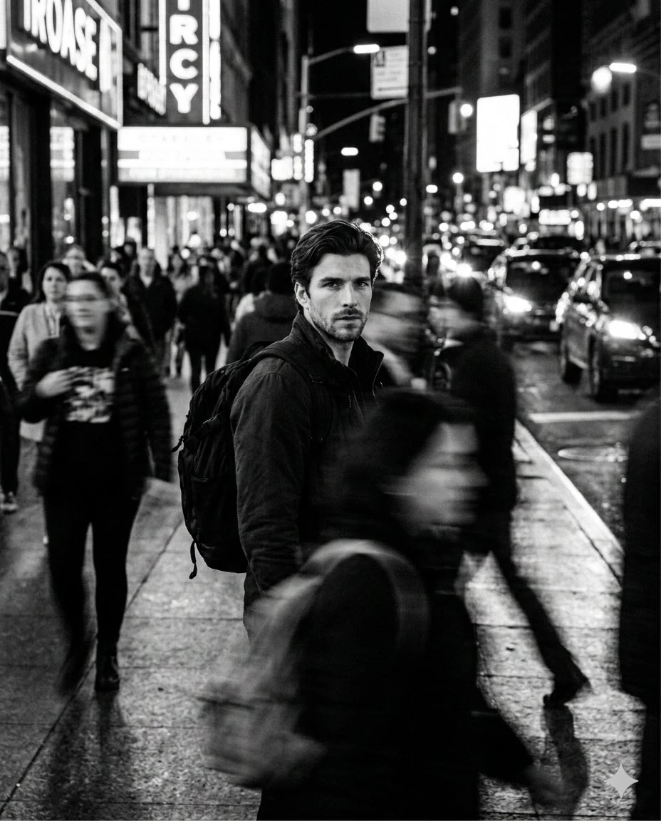 A cinematic black and white street portrait of a handsome man standing st...