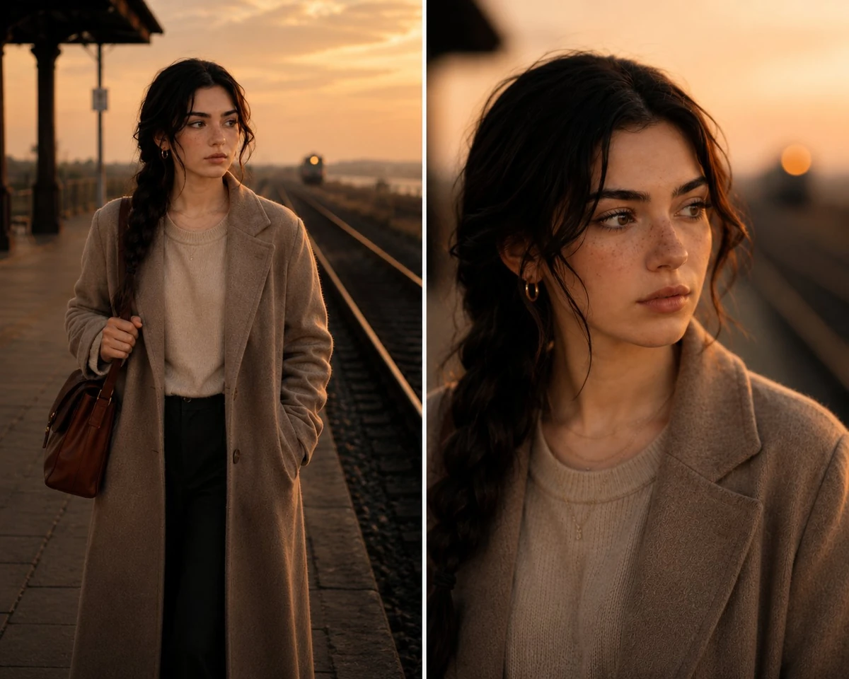 Ultra-realistic cinematic portrait of a beautiful young woman with long w...