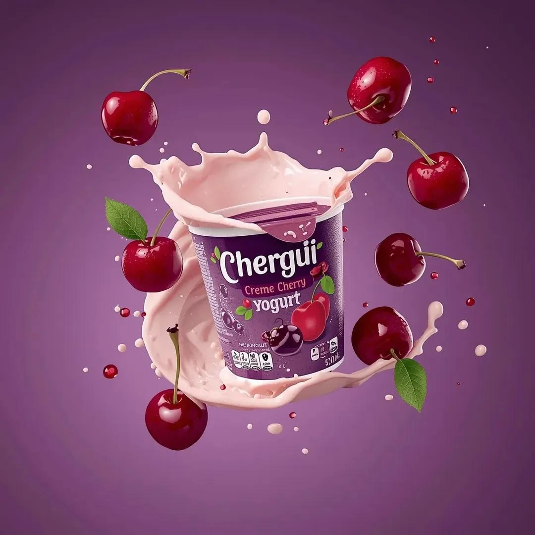 High-end commercial product photography of a (yogurt cup) labeled “(Cherg...