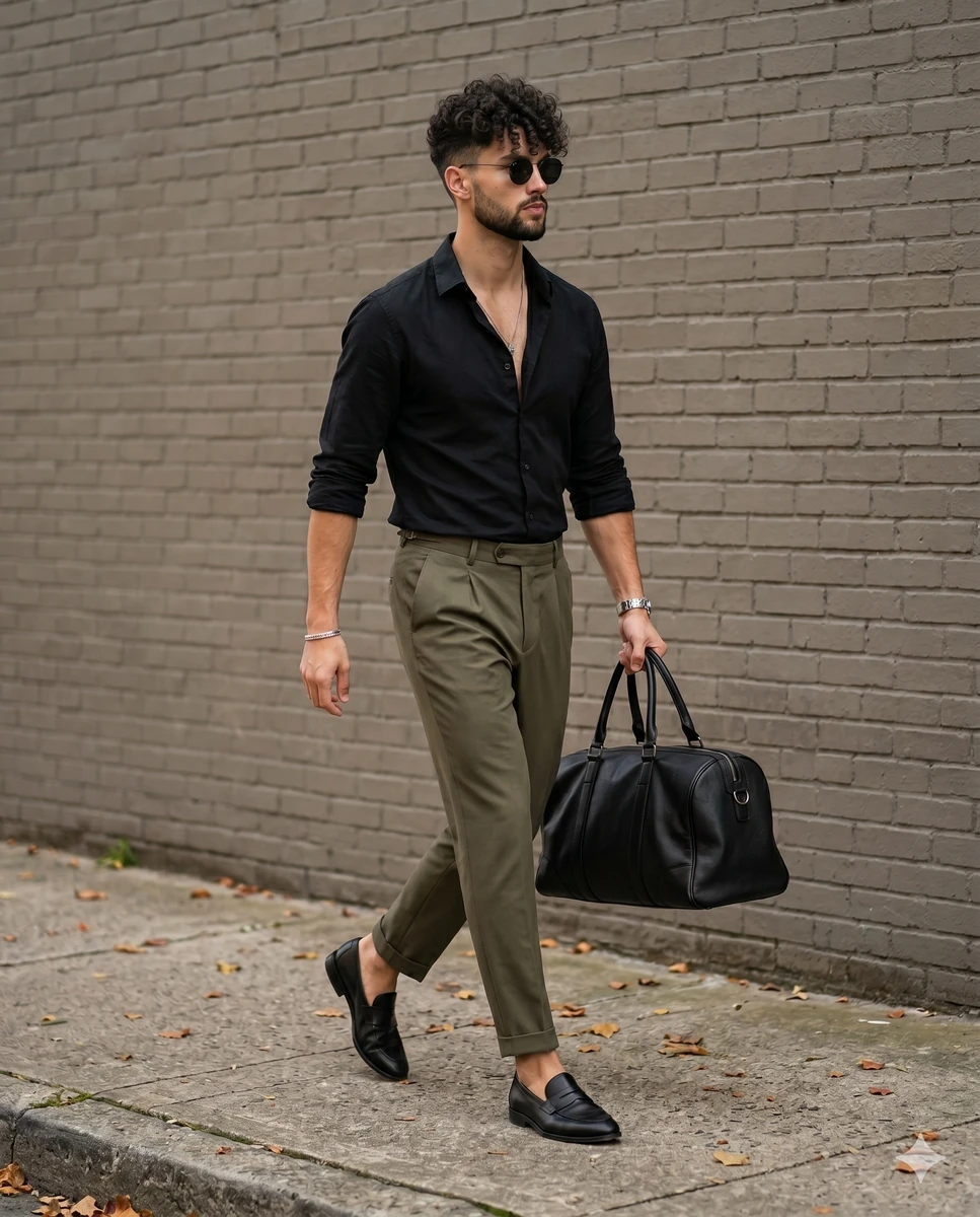 A confident adult male is captured mid-motion with purposeful strides and...