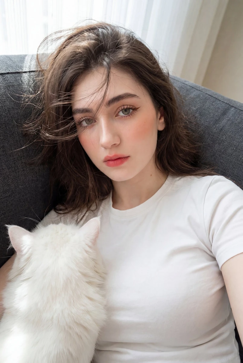 A photo of a young woman with a sweet beautiful face, very fair pale skin...