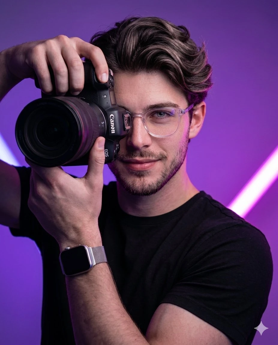 A sharp, modern portrait of a young man facing the camera with a subtle c...