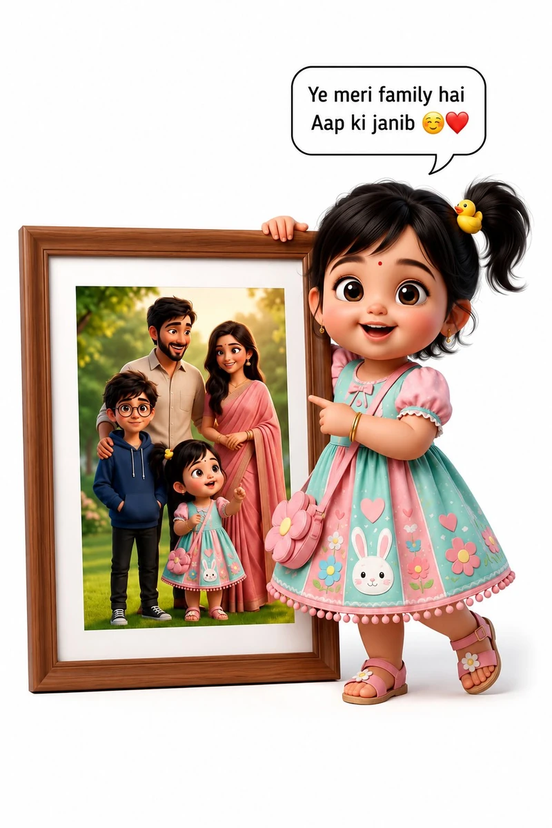 -realistic 3D Pixar-style cartoon illustration of an adorable little girl...